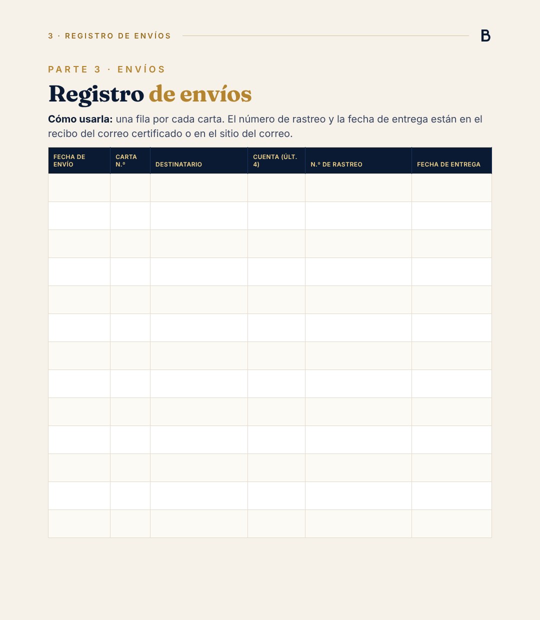 Tabla de registro de envíos del Kit de Control de Disputas